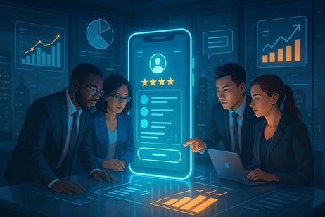 A futuristic business team collaborates around a holographic mobile app interface in a high-tech office, surrounded by glowing digital graphs, user interface elements, and charts representing growth and engagement metrics. The cityscape in the background adds to the cutting-edge atmosphere.