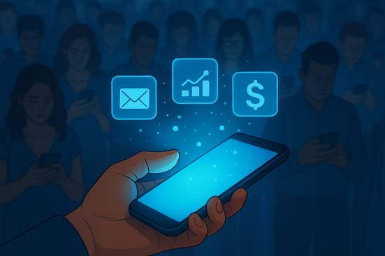 A person holding a smartphone with glowing app icons emerging from the screen, symbolizing communication, shopping, analytics, and finance. Background shows a blurred crowd all using mobile devices, representing th
