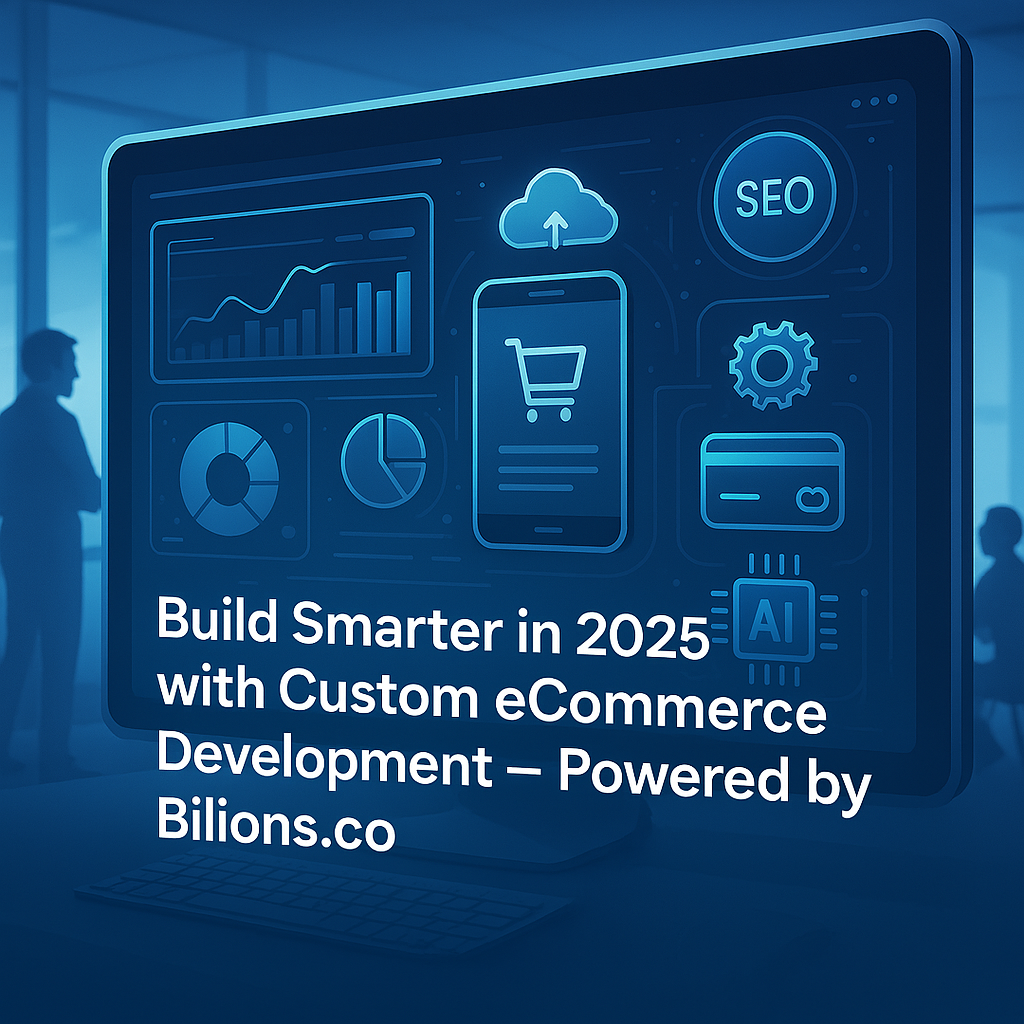 A futuristic eCommerce dashboard interface on a large digital screen, with a developer team collaborating in the background. Show data analytics, mobile optimization, product management, and payment integration icons floating in a clean UI. Include visual cues like cloud computing, SEO, and AI elements. The theme should be innovation, growth, and digital transformation.