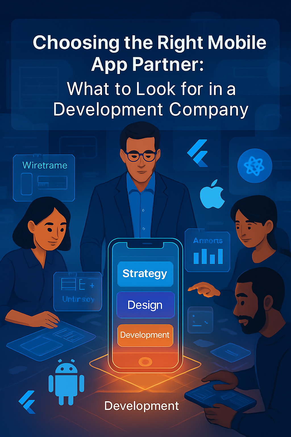 A featured image showing a futuristic digital workspace with a large central smartphone labeled “Strategy,” “Design,” and “Development.” Diverse tech professionals interact with floating app development tools and platform icons like iOS, Android, Flutter, and React Native. Above the scene, the blog title reads: “Choosing the Right Mobile App Partner: What to Look for in a Development Company.” The background highlights innovation, collaboration, and mobile app expertise.
